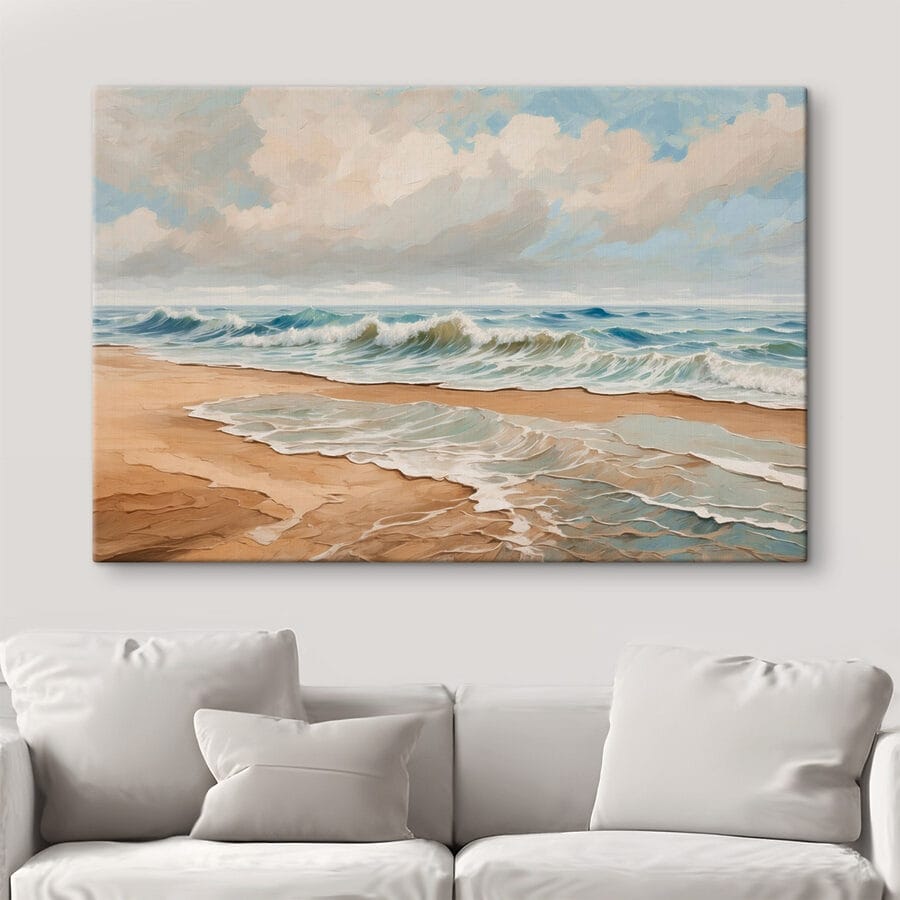 Peinture de vagues s'écrasant sur une plage