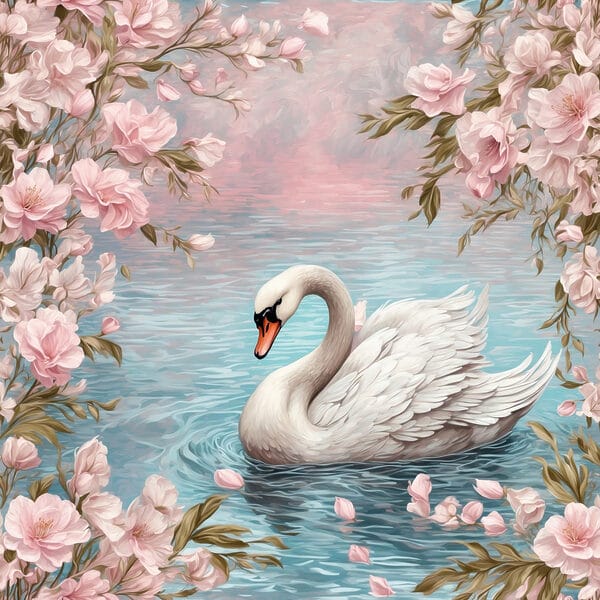 Cygne nageant dans l'eau avec des fleurs roses Cygne nageant dans l'eau avec des fleurs roses