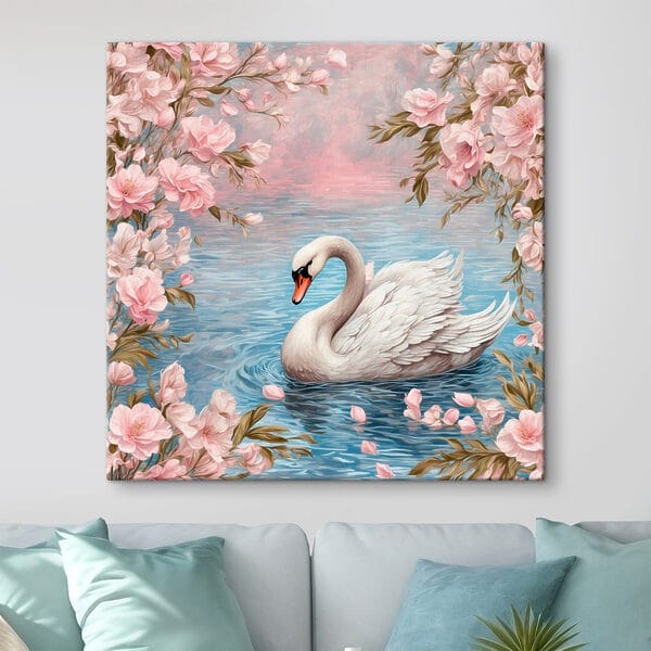 Cygne nageant dans l'eau avec des fleurs roses Cygne nageant dans l'eau avec des fleurs roses