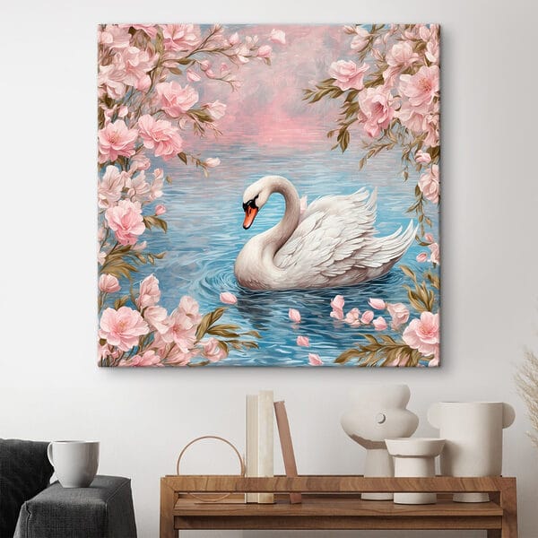 Cygne nageant dans l'eau avec des fleurs roses Cygne nageant dans l'eau avec des fleurs roses