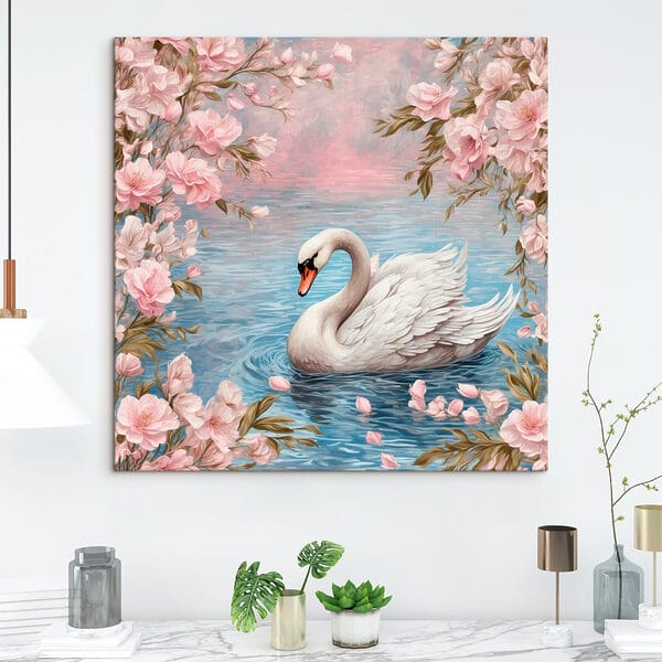 Cygne nageant dans l'eau avec des fleurs roses Cygne nageant dans l'eau avec des fleurs roses