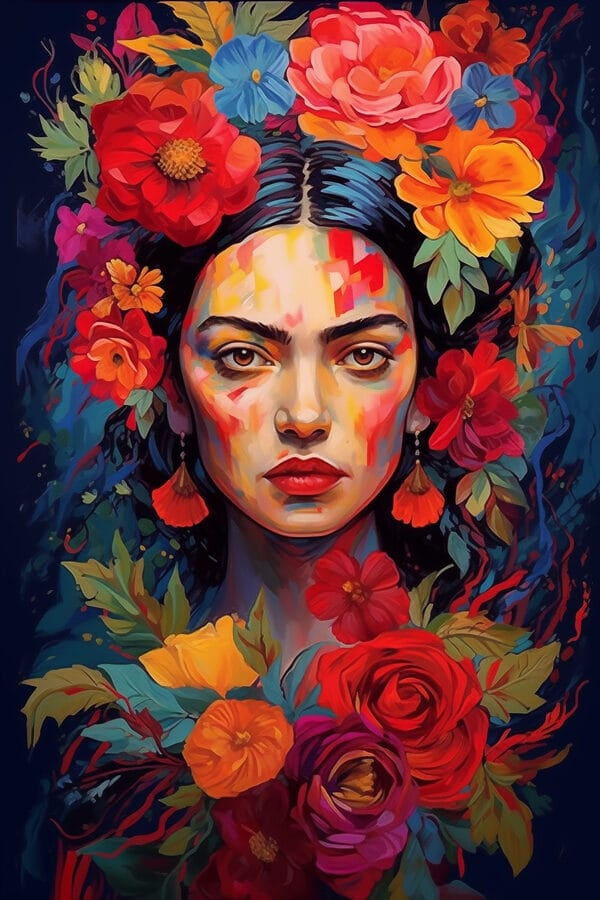 Peinture d'une femme avec des fleurs dans les cheveux Peinture d'une femme avec des fleurs dans les cheveux