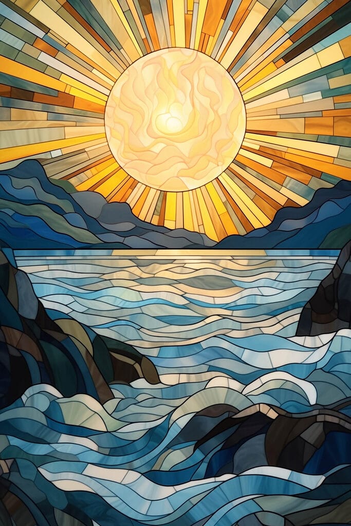 Stained glass window with a sun over a river Stained glass window with a sun over a river