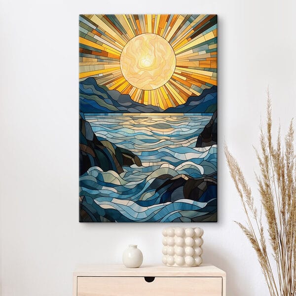 Vitrail avec un soleil sur une rivière Vitrail avec un soleil sur une rivière