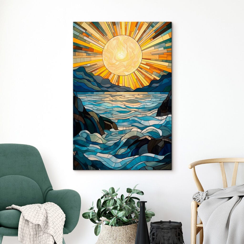 Stained glass window with a sun over a river Stained glass window with a sun over a river