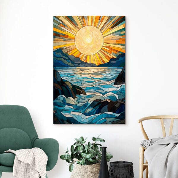 Vitrail avec un soleil sur une rivière Vitrail avec un soleil sur une rivière