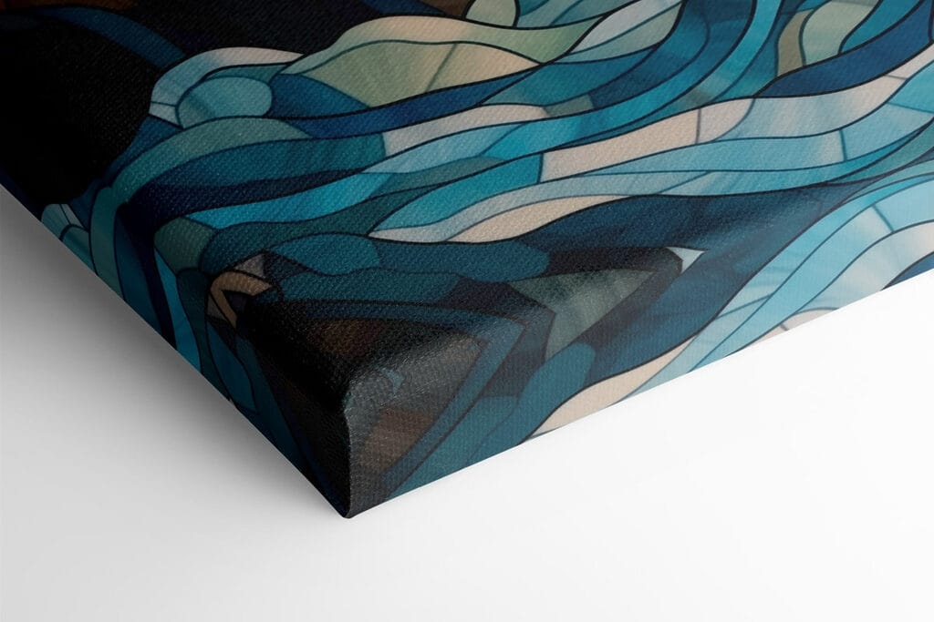 Stained glass window with a sun over a river Stained glass window with a sun over a river