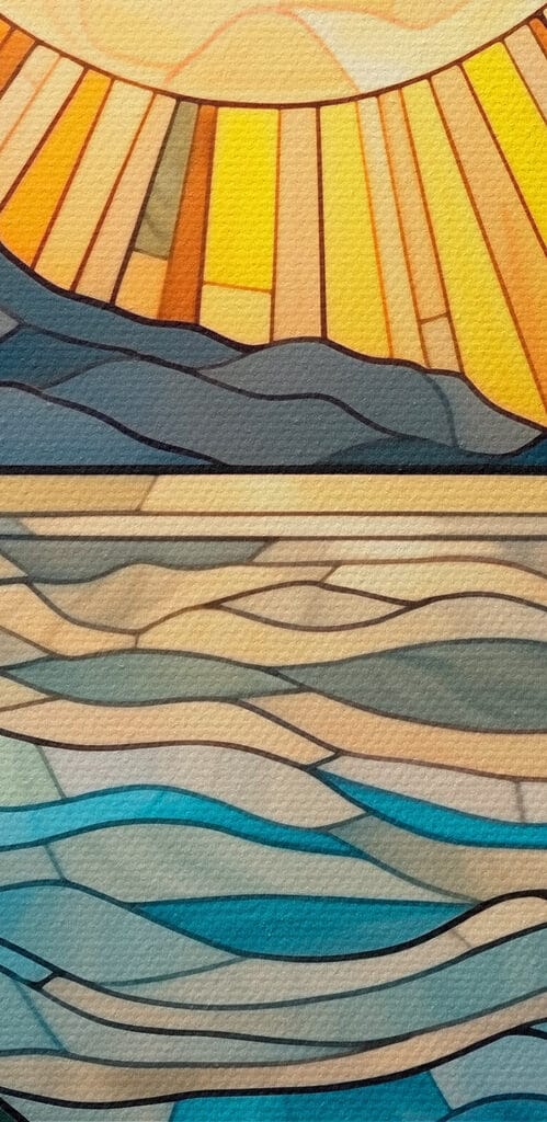 Stained glass window with a sun over a river Stained glass window with a sun over a river