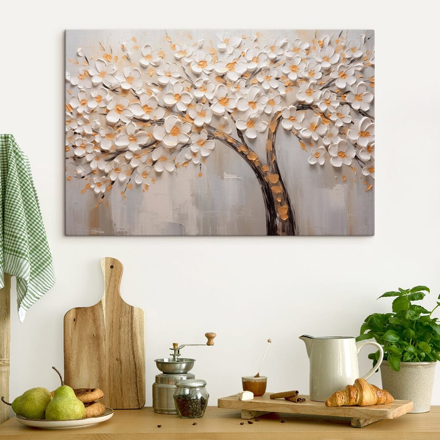 Peinture d'un arbre avec des fleurs blanches