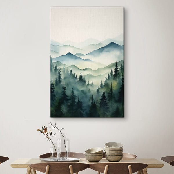 Peinture d'une chaîne de montagnes avec des arbres et du brouillard Peinture d'une chaîne de montagnes avec des arbres et du brouillard