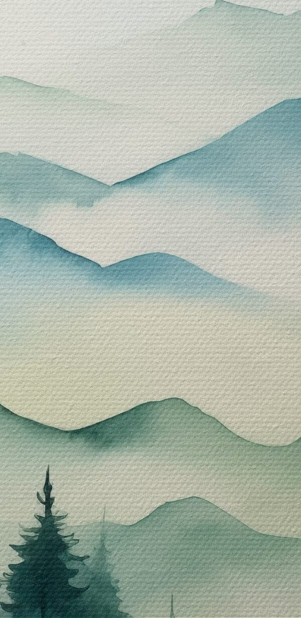 Peinture d'une chaîne de montagnes avec des arbres et du brouillard Peinture d'une chaîne de montagnes avec des arbres et du brouillard