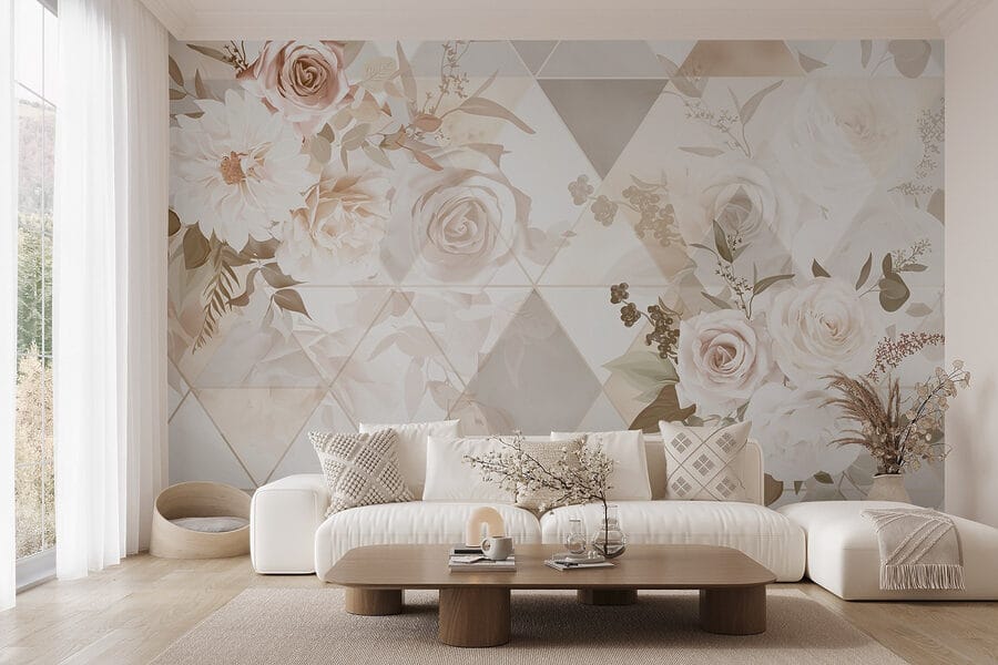 Papier peint avec des fleurs et des triangles