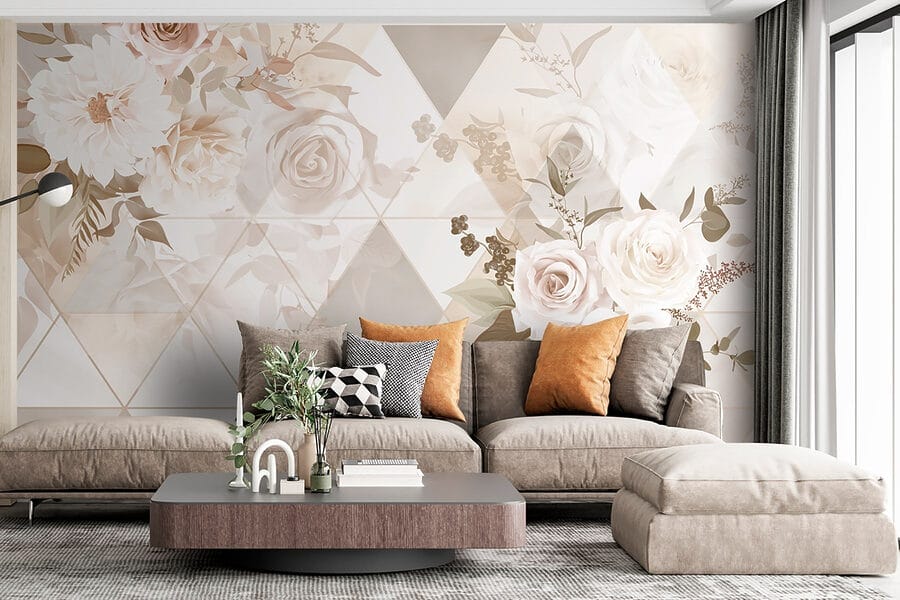 Papier peint avec des fleurs et des triangles
