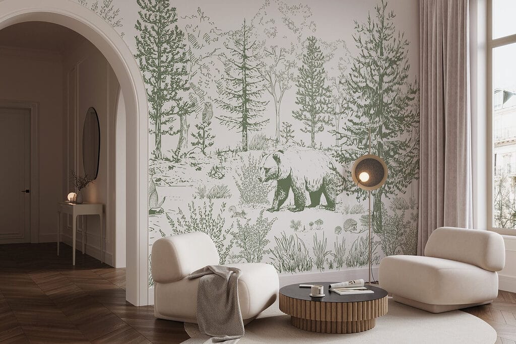 Drawing of a bear in a forest