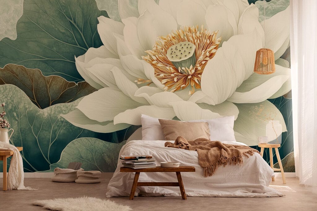 White flower with green leaves White flower with green leaves