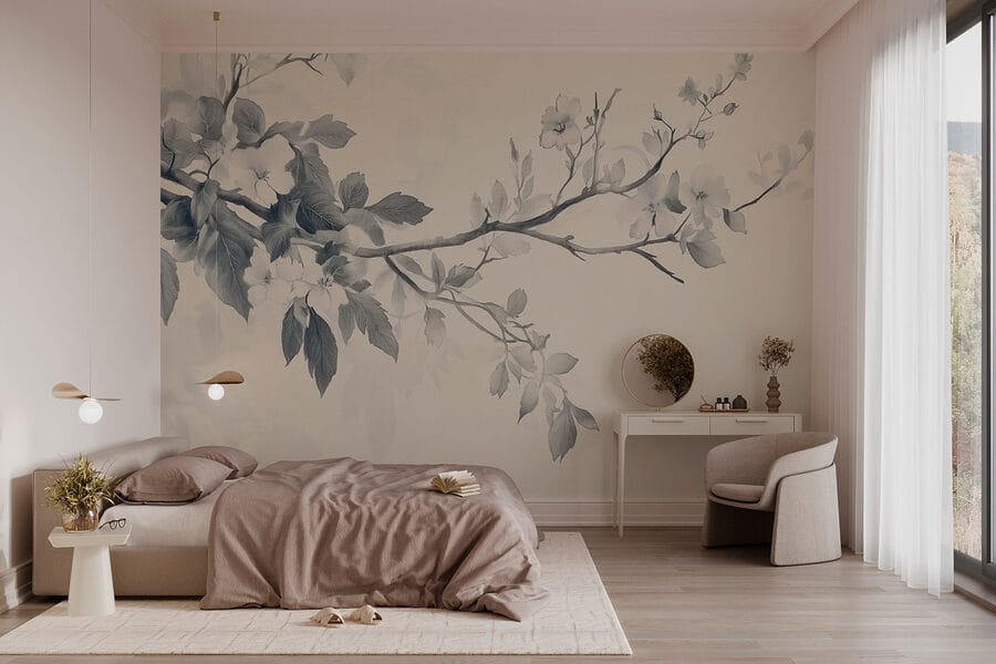 Branche avec fleurs et feuilles