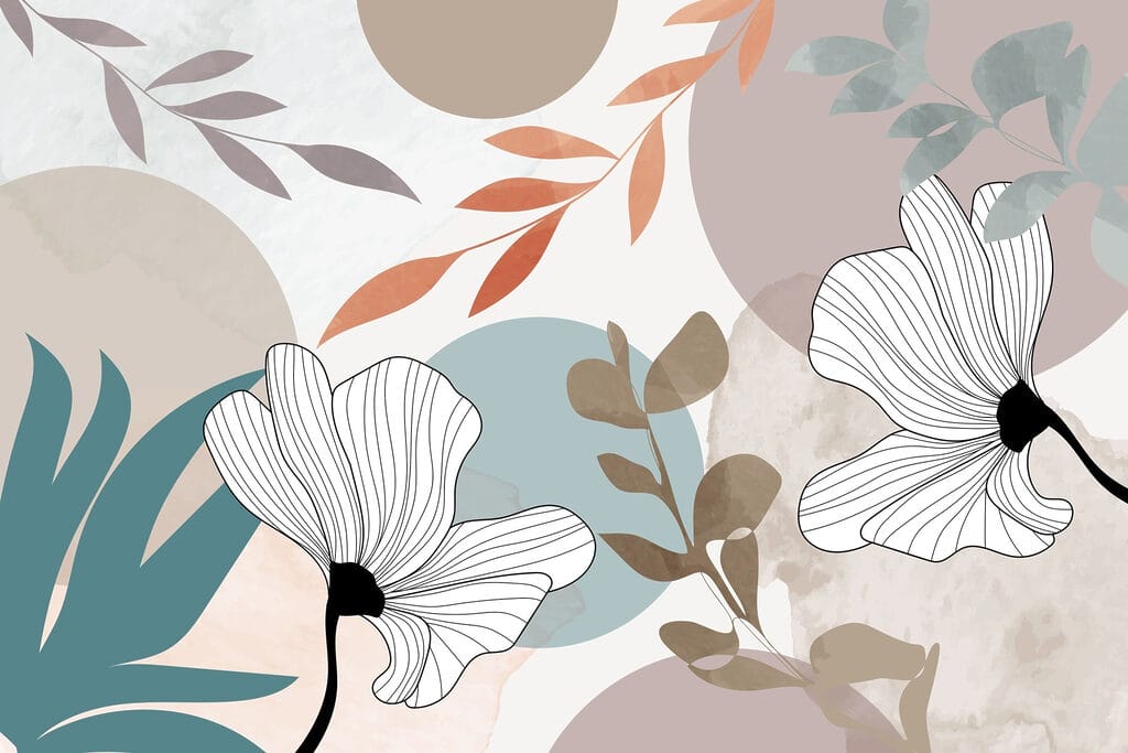 Fleurs blanches avec feuilles brunes et cercles bleus Fleurs blanches avec feuilles brunes et cercles bleus