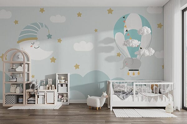 Éléphant de dessin animé et lune dans le ciel Éléphant de dessin animé et lune dans le ciel