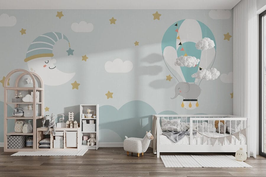 Éléphant de dessin animé et lune dans le ciel