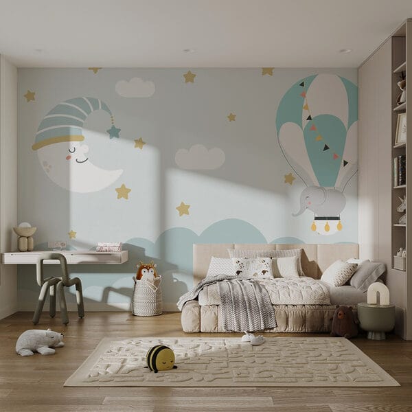 Éléphant de dessin animé et lune dans le ciel Éléphant de dessin animé et lune dans le ciel