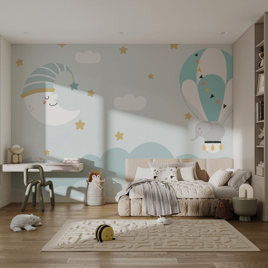Éléphant de dessin animé et lune dans le ciel
