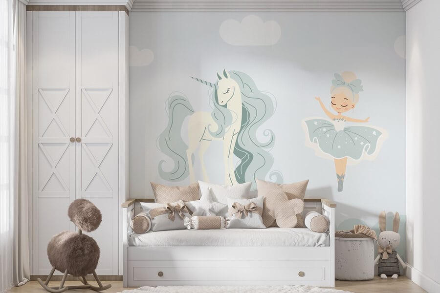 Papier peint Dessin humoristique d'une fille et d'une licorne