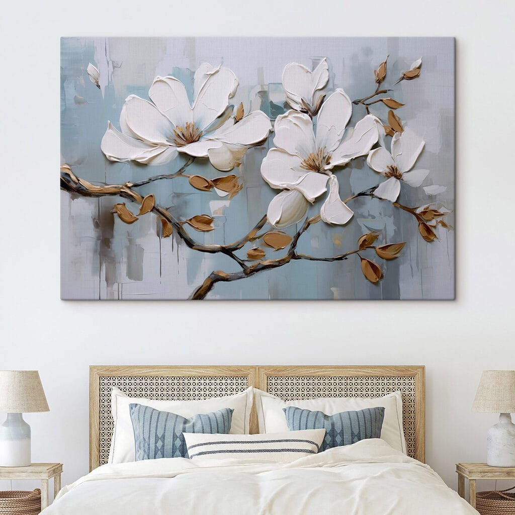 Painting of white flowers on a branch Painting of white flowers on a branch