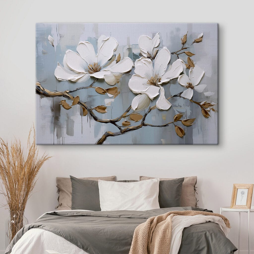 Painting of white flowers on a branch Painting of white flowers on a branch