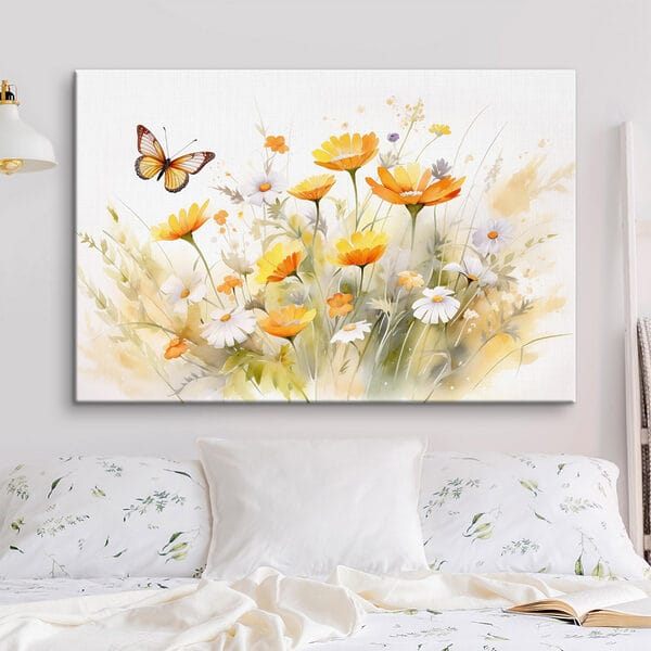 Papillon volant au-dessus d'une fleur jaune et blanche Papillon volant au-dessus d'une fleur jaune et blanche