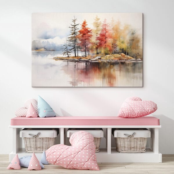 Aquarelle d'arbres et de rochers sur un lac Aquarelle d'arbres et de rochers sur un lac