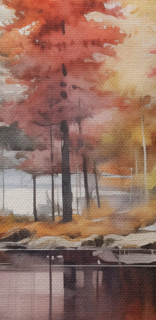 Aquarelle d'arbres et de rochers sur un lac Aquarelle d'arbres et de rochers sur un lac