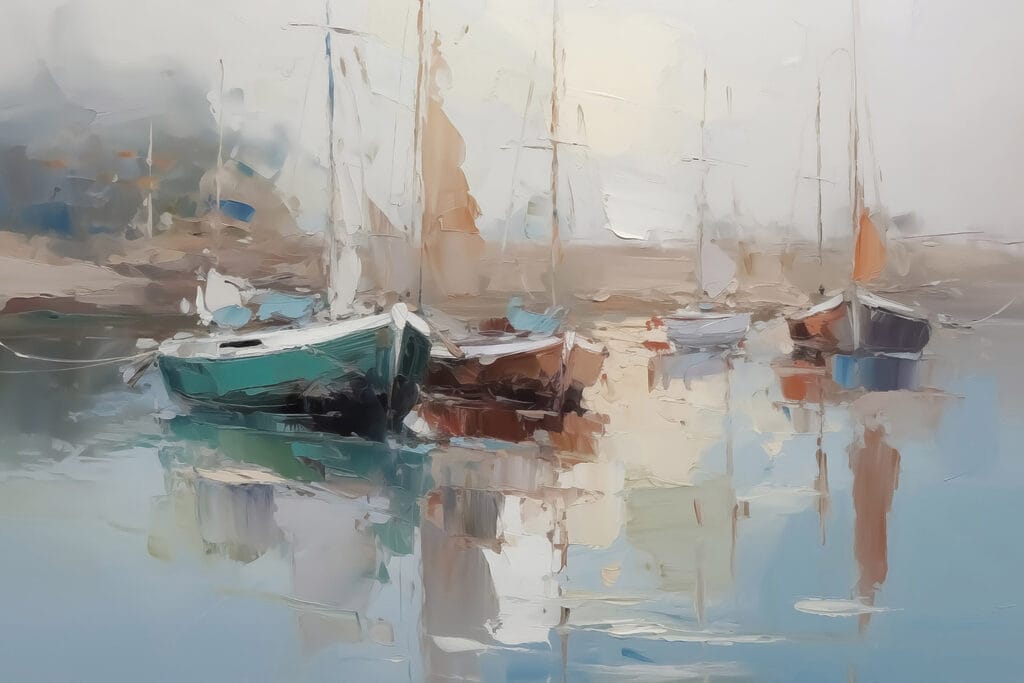 Painting of boats in a harbor