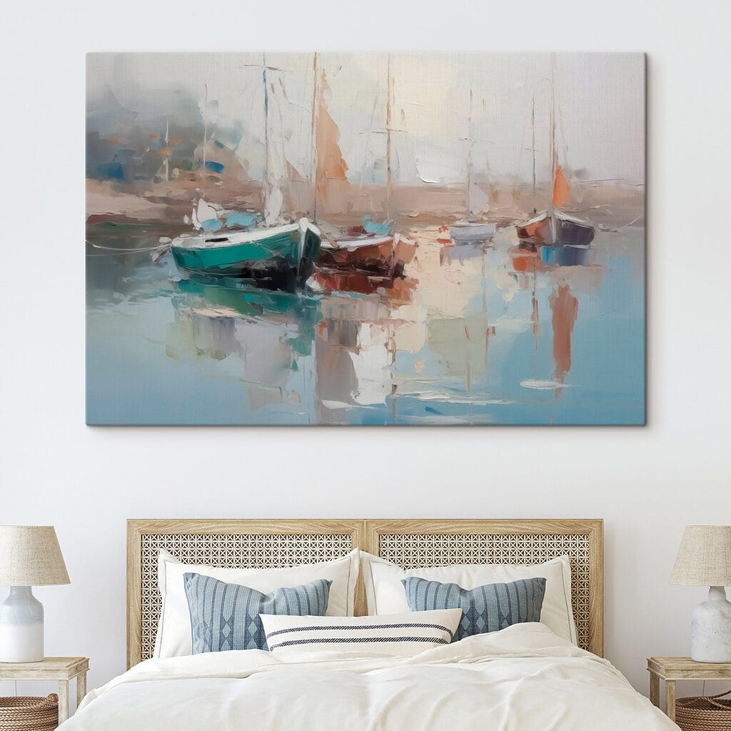 Painting of boats in a harbor