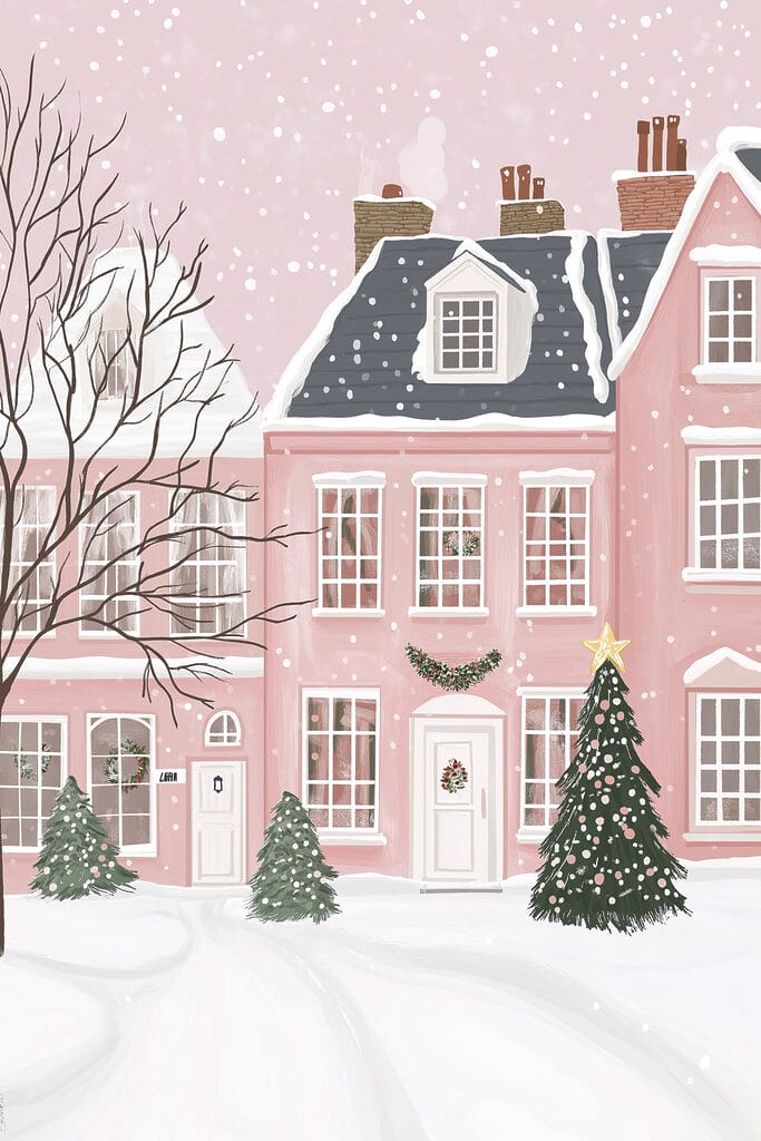 Pink house with trees and snow Pink house with trees and snow