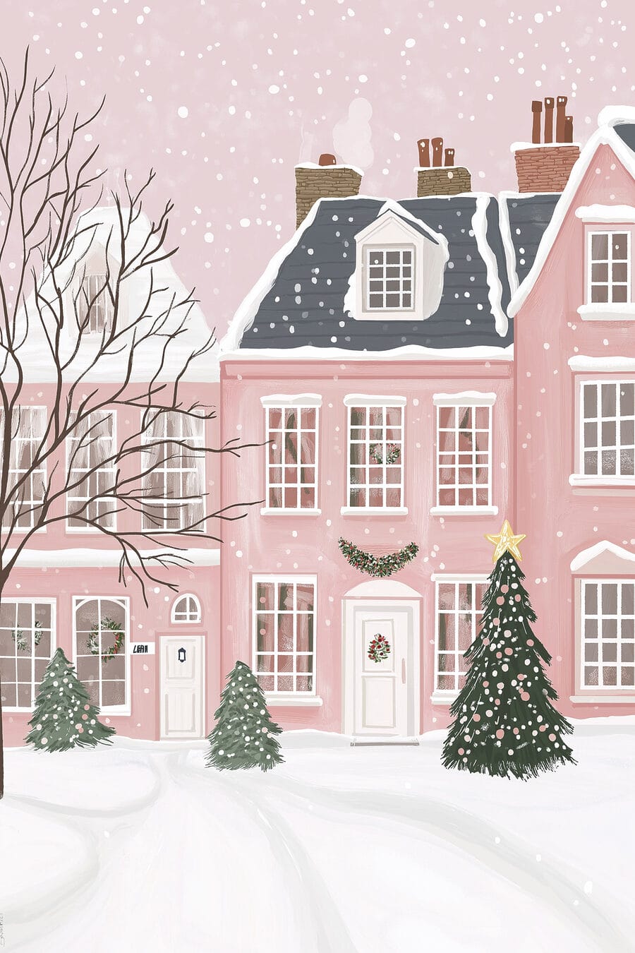 Maison rose avec arbres et neige