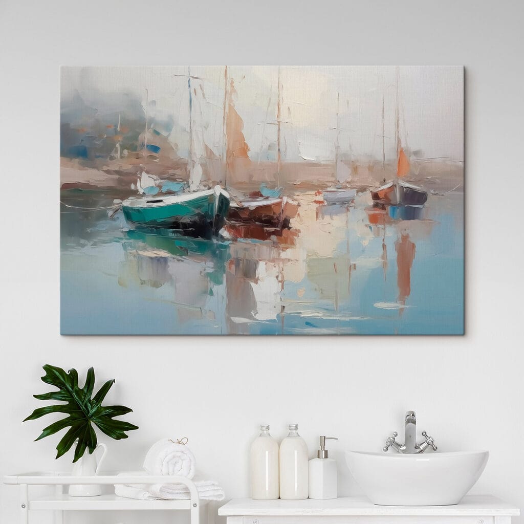 Painting of boats in a harbor