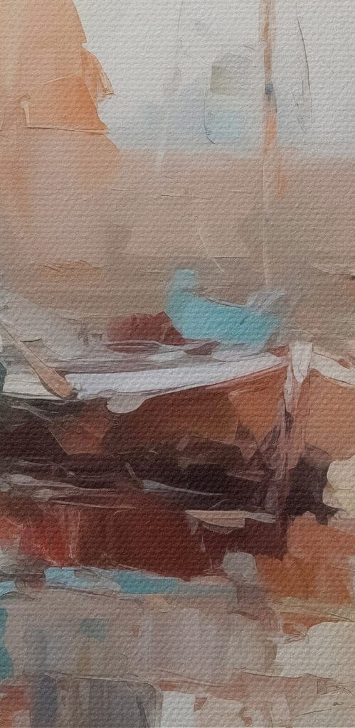 Painting of boats in a harbor