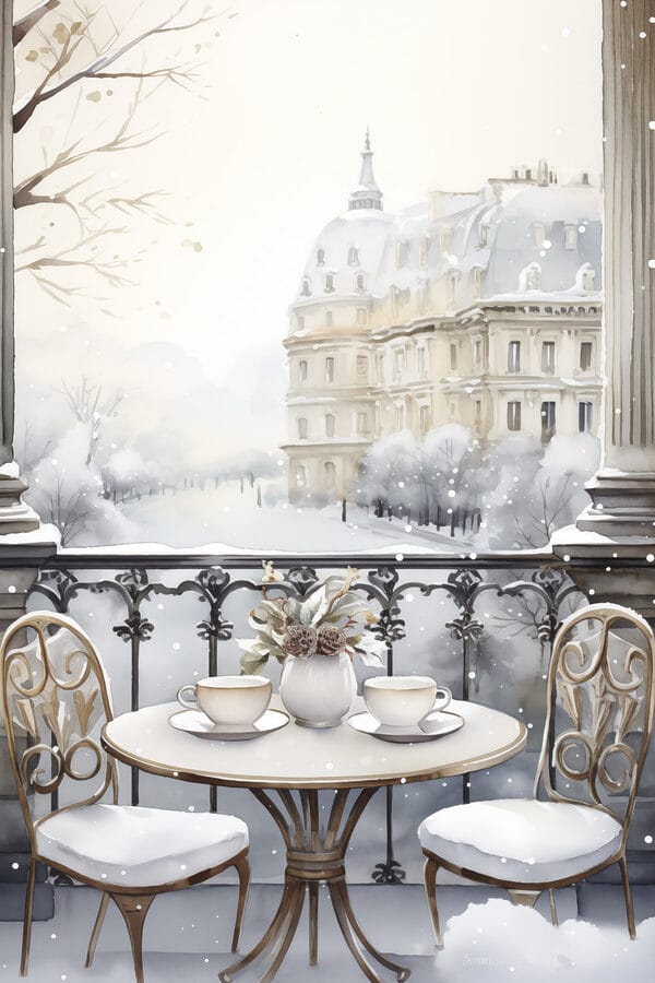 Table avec des tasses et un vase de fleurs sur un paysage enneigé Table avec des tasses et un vase de fleurs sur un paysage enneigé