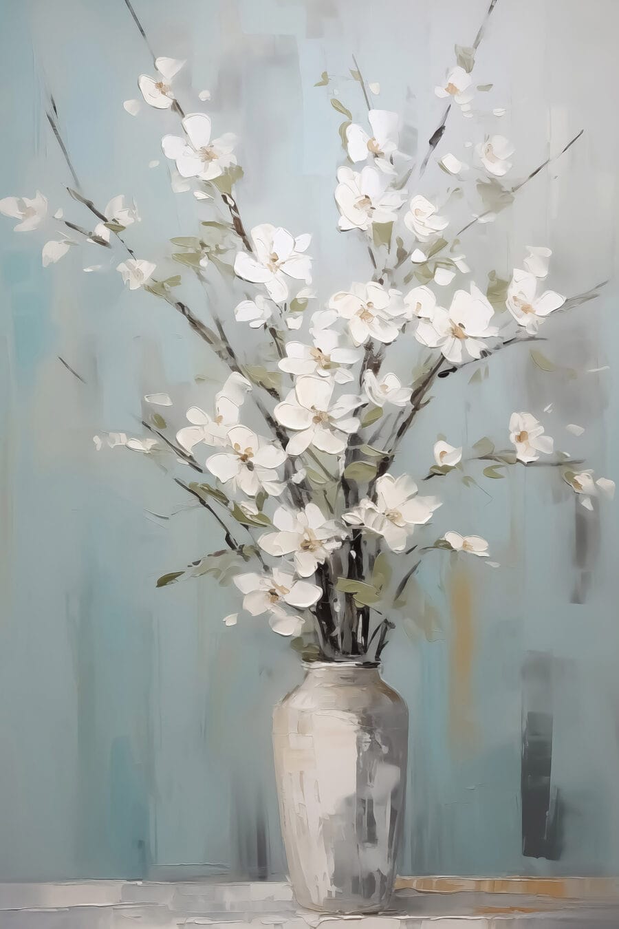 Peinture d'un vase avec des fleurs blanches