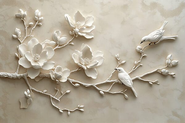 Oiseau blanc sur une branche avec des fleurs Oiseau blanc sur une branche avec des fleurs