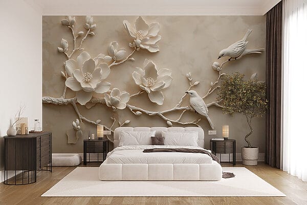 Oiseau blanc sur une branche avec des fleurs Oiseau blanc sur une branche avec des fleurs