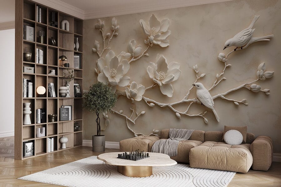 Oiseau blanc sur une branche avec des fleurs Oiseau blanc sur une branche avec des fleurs