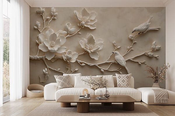 Oiseau blanc sur une branche avec des fleurs Oiseau blanc sur une branche avec des fleurs