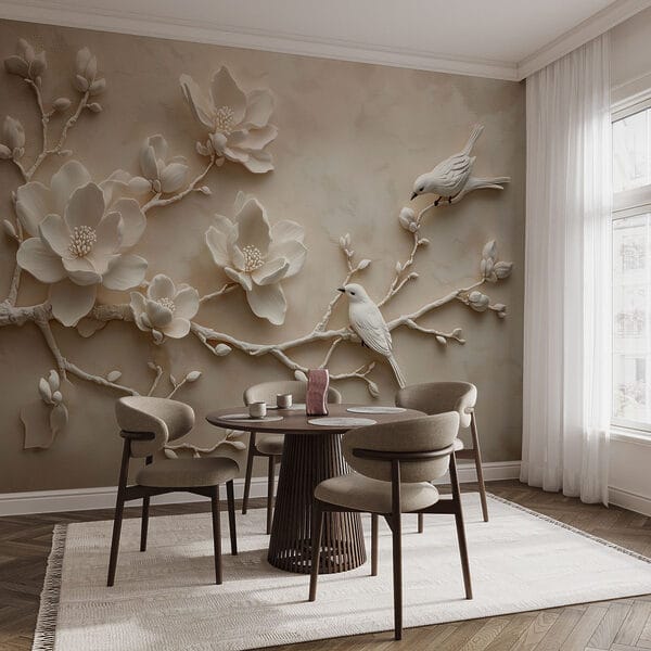 Oiseau blanc sur une branche avec des fleurs Oiseau blanc sur une branche avec des fleurs