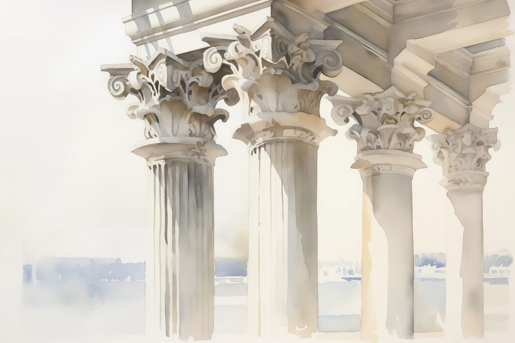 Aquarelle d'un bâtiment avec des piliers Aquarelle d'un bâtiment avec des piliers