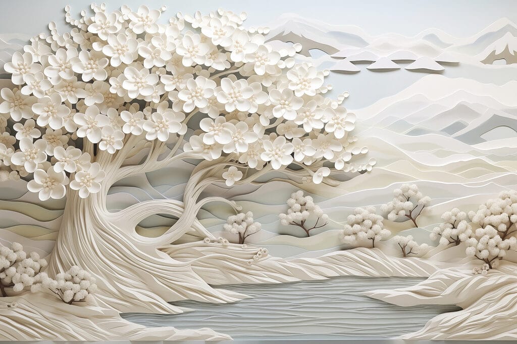Arbre blanc avec des fleurs blanches et une rivière w02974p 1024x683 - Arbre blanc avec des fleurs blanches et une rivière