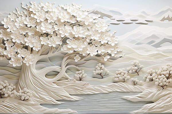 Arbre blanc avec des fleurs blanches et une rivière w02974p 600x400 - Arbre blanc avec des fleurs blanches et une rivière