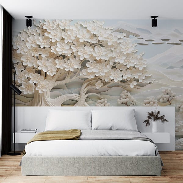 Arbre blanc avec des fleurs blanches et une rivière w02974pib14ms 600x600 - Arbre blanc avec des fleurs blanches et une rivière