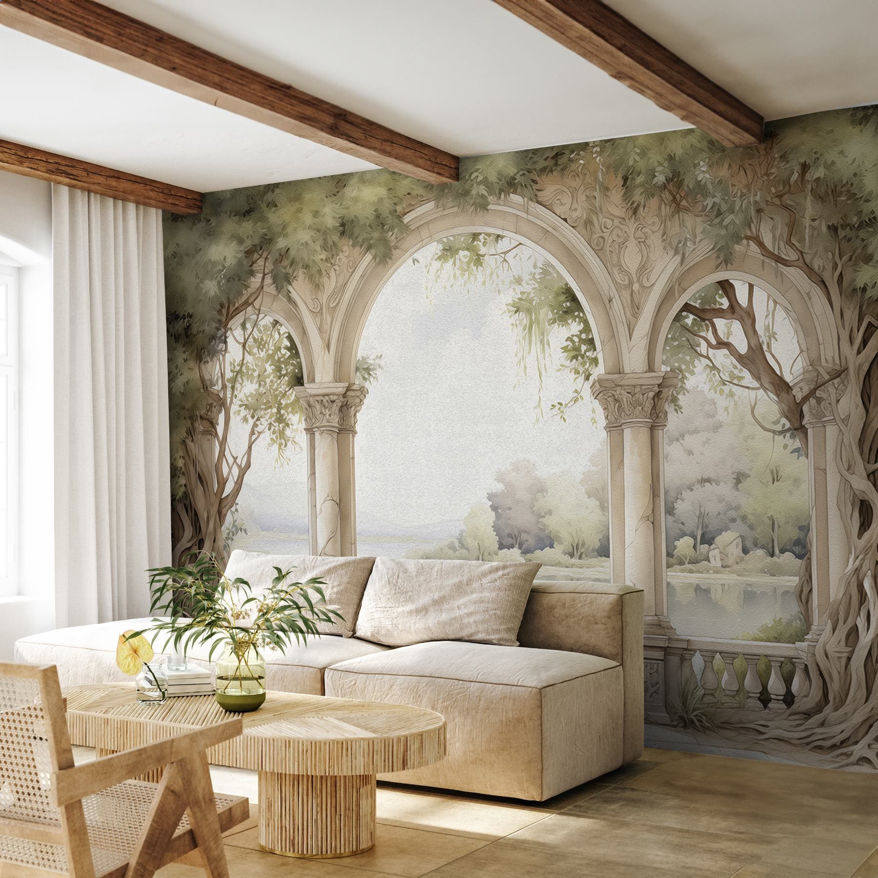 Watercolor painting of a stone archway with trees and a lake Watercolor painting of a stone archway with trees and a lake