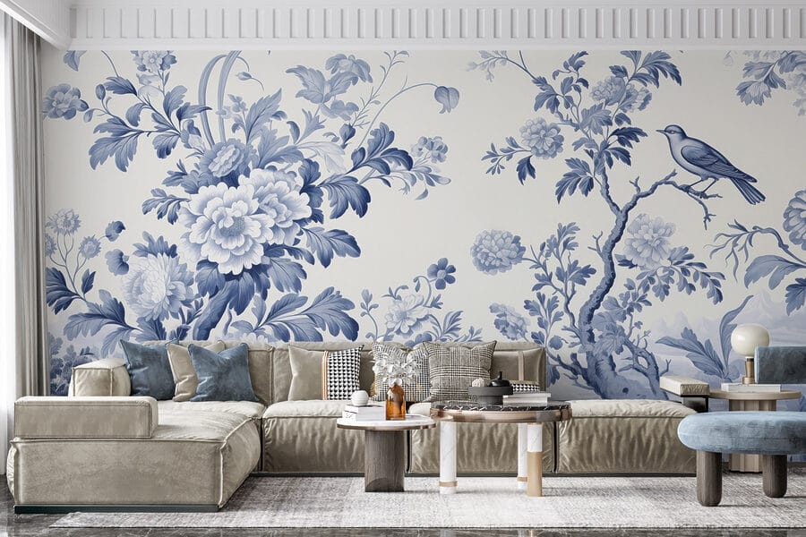 Motif floral bleu et blanc